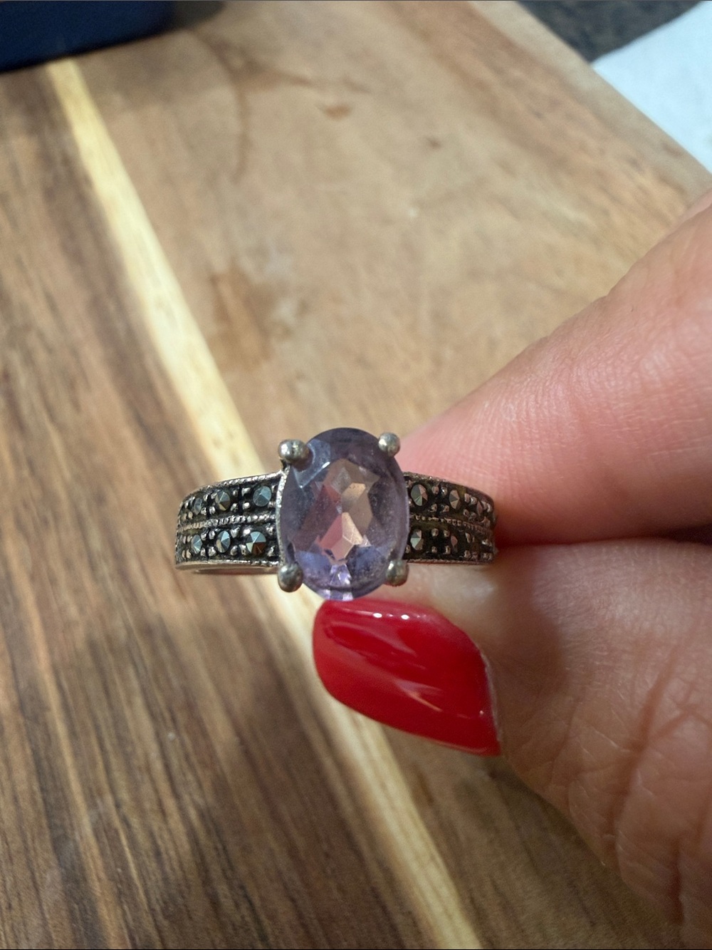 Sterling Silver Purple Oval Gemstone Ring with Marcasite Accents